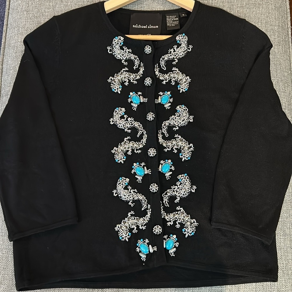 Michael Simon Black Cardigan with Silver & Turquoise Beaded Frogs Geckos Size S